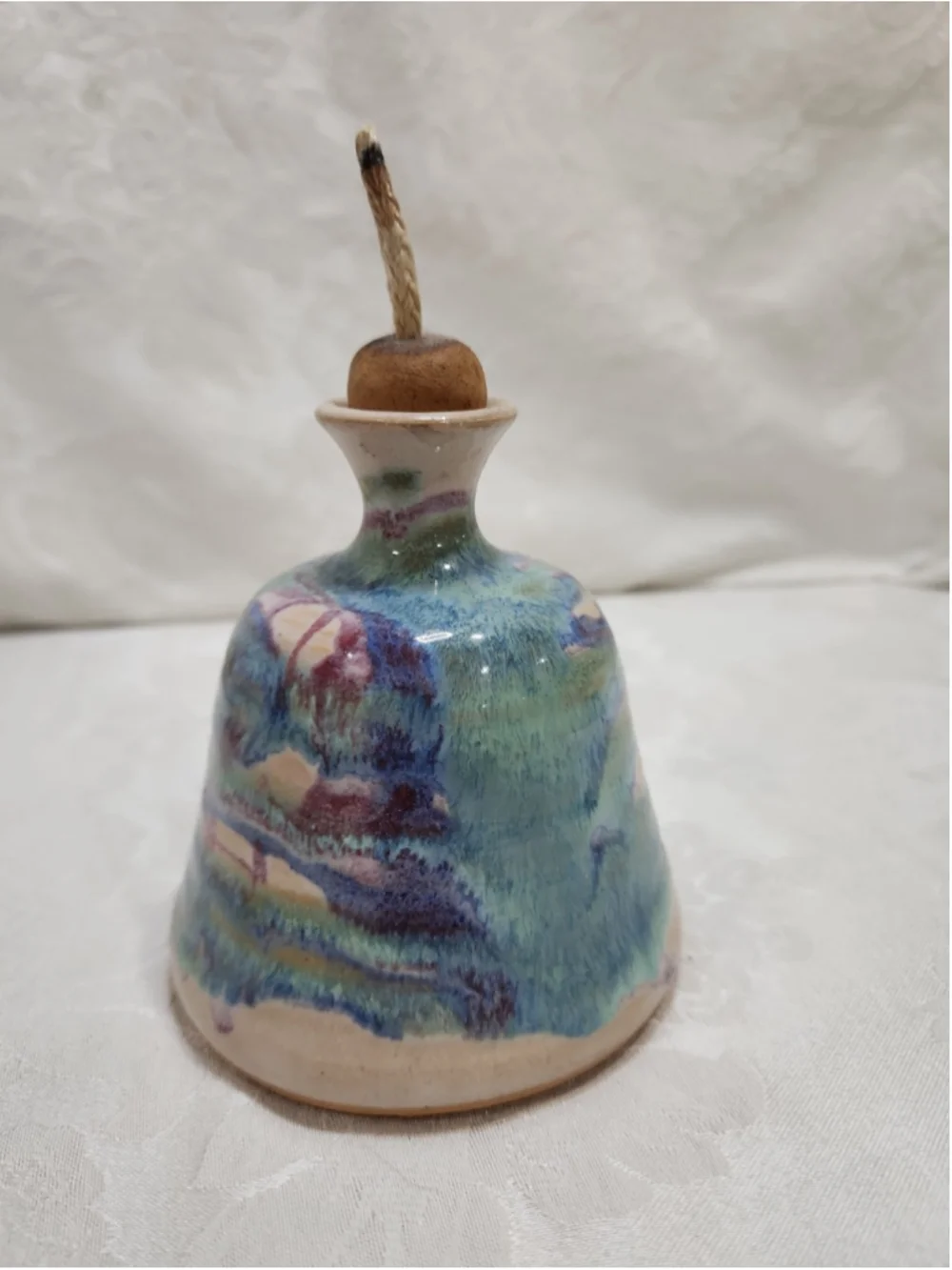 Hand Made Pottery Oil Lamp Signed, Blue, Lavendar, EUC
